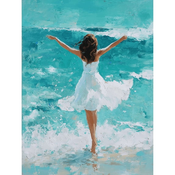 Qisvanset Ocean Wave Woman In White Dress Canvas Wall Art 15.75x11.81 Inches