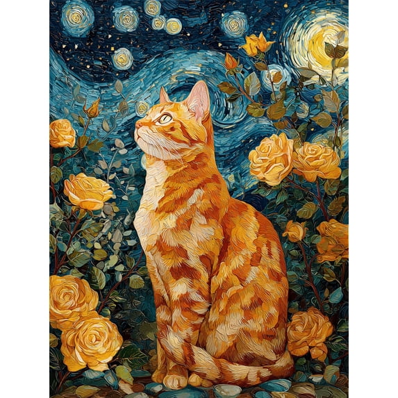 Qisvanset Orange Tabby Cat Starry Night Flower Canvas Wall Art 15.75x11.81 Inches