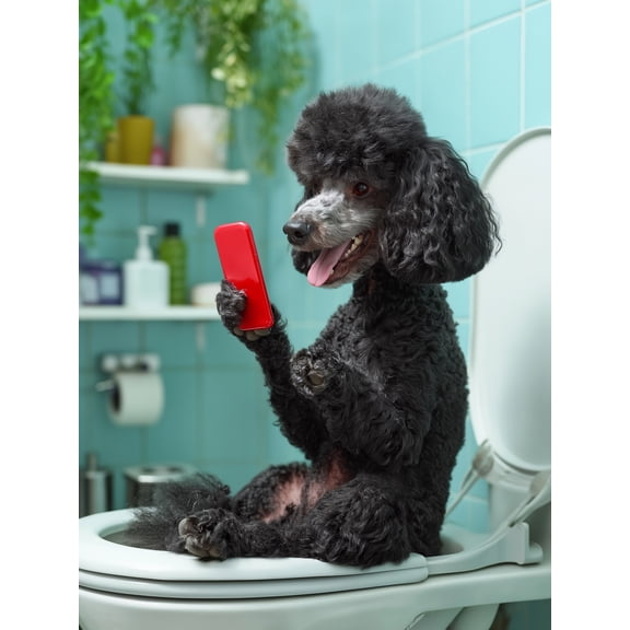 Qisvanset Poodle Using Phone on Toilet Canvas Wall Art, 15.75x11.81 Inch, Humorous Bathroom Art for Powder Room, Guest Bath, Modern Home Decor