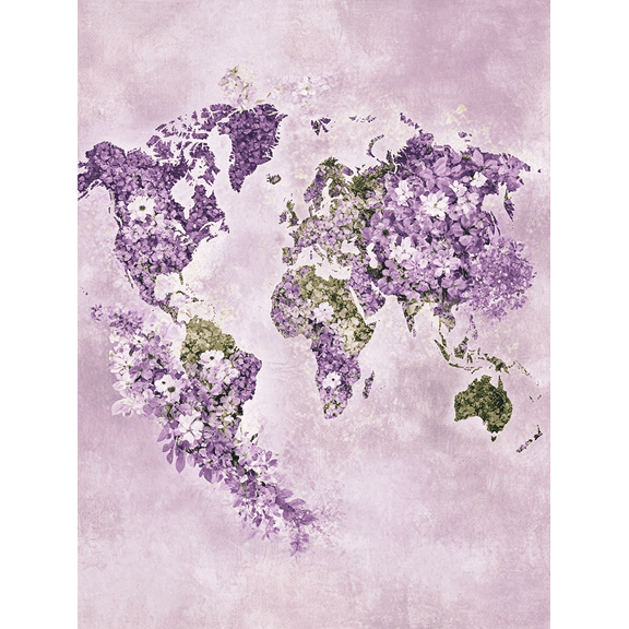 Qisvanset Purple Flower World Map Canvas Art, 40x30cm for Study Hallway