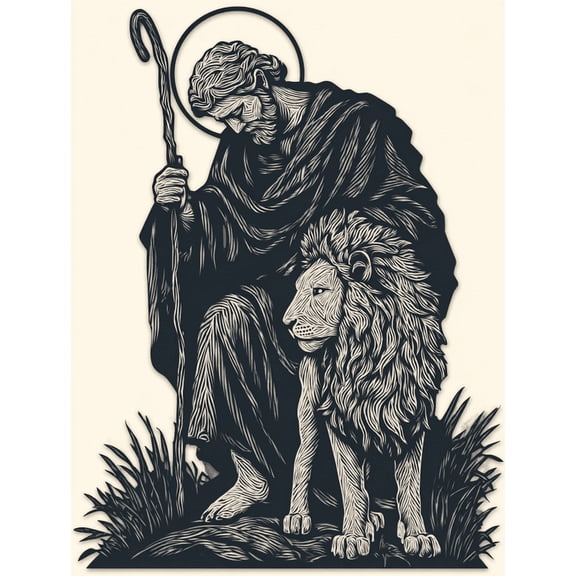 Qisvanset Saint With Lion Illustration Canvas Wall Art 15.75x11.81 Inches