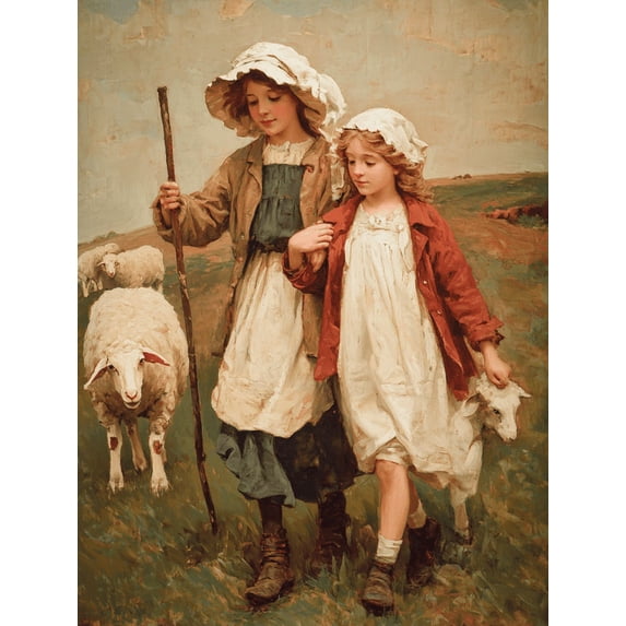 Qisvanset Shepherd Girls and Sheep Vintage Canvas Wall Art 15.75x11.81 INCHES