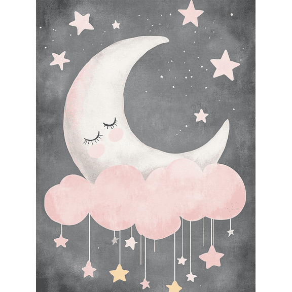 Qisvanset Sleeping Moon & Cloud Canvas Wall Art, 40x30cm for Nursery Girls Room Kids Room