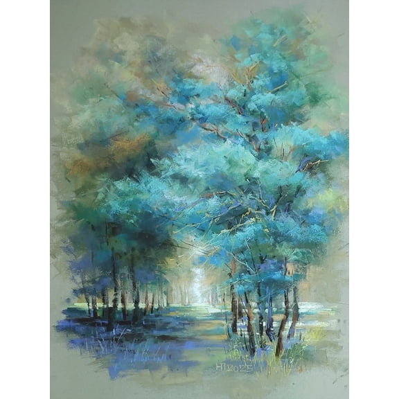 Qisvanset Teal Forest Path Canvas Wall Art, 15.75x11.81 Inch, Soft Watercolor Landscape Print for Bedroom, Bathroom, Nature Lover Decor