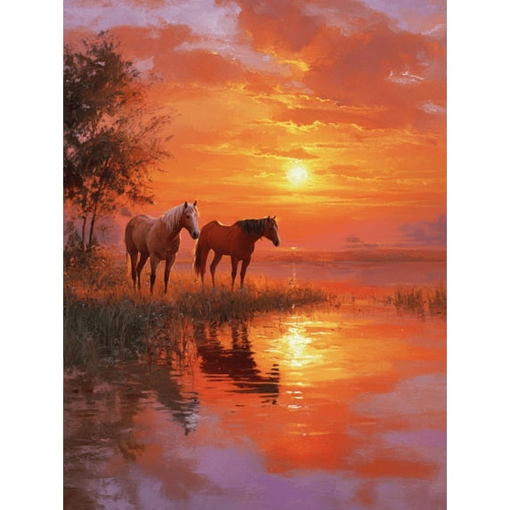 Qisvanset Two Horses Sunset Landscape Canvas Wall Art 15.75x11.81 Inches