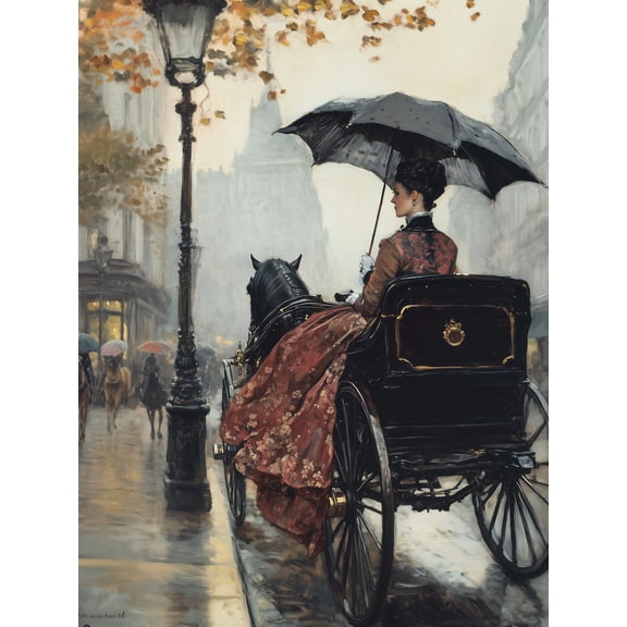 Qisvanset Victorian Lady in Horse Carriage Canvas Wall Art, 15.75x11.81 Inch, Vintage Parisian Street Scene for Living Room, Study, Classic Home Decor