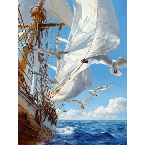Qisvanset Vintage Sailing Ship with Seagulls Canvas Wall Art, 15.75x11.81 Inch, Ocean Voyage Art for Man Cave, Office, Beach House