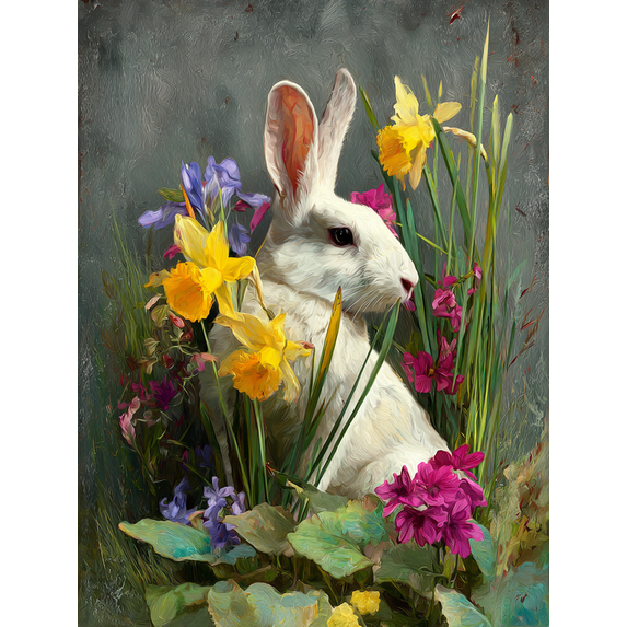 Qisvanset White Rabbit Daffodils Irises Canvas Print 15.75x11.81 Inches