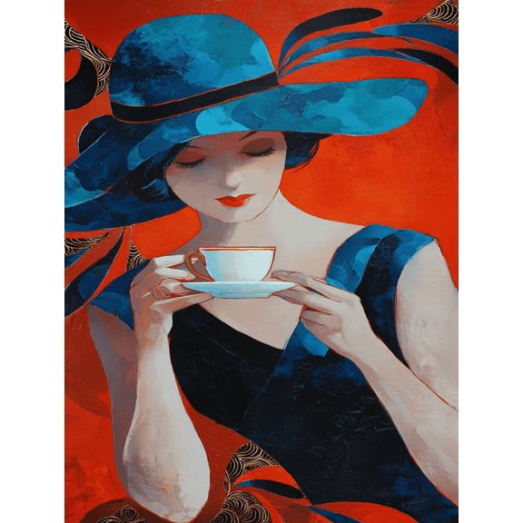 Qisvanset Woman with Blue Hat Holding Coffee Canvas Wall Art 15.75x11.81 INCHES