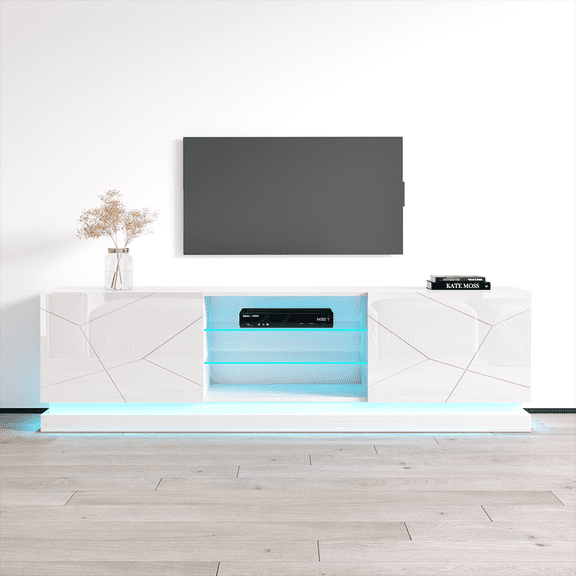 Qiu TV Stand for TVs up to 90", Modern High Gloss 79" Entertainment Center, TV Media Console with Storage Cabinets and LED Lights