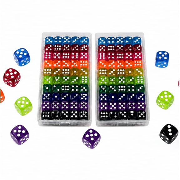 Qiucioku 100-Piece Colored Dice Set, 14mm Transparent Dice Bulk for Board Games and Parties, 10 Mixed Colors with 2 Storage Cases, Standard 6-Sided Dice for Tabletop Gaming and Math Teaching