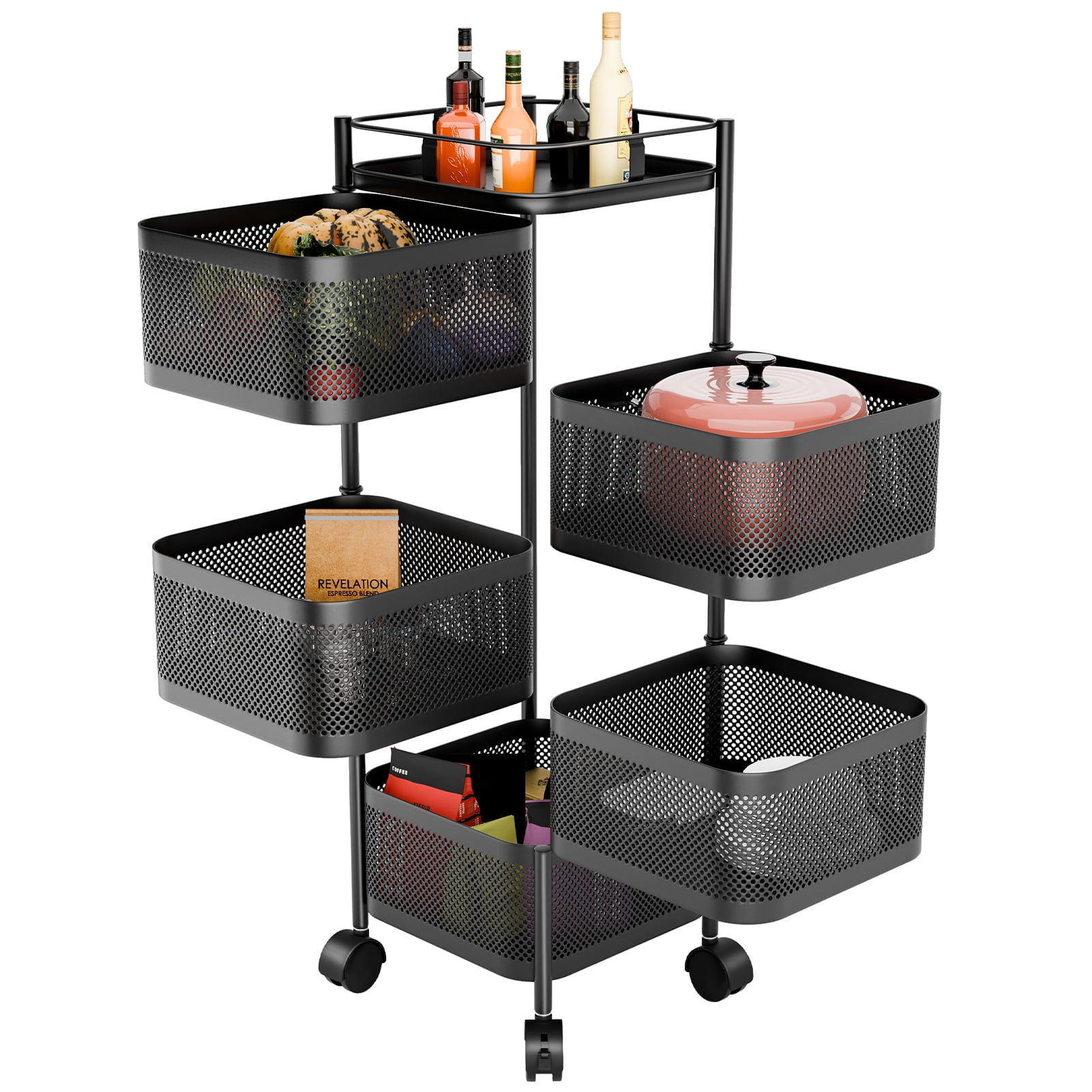 Qiuikloi Kitchen Storage Cart 4/5 Tier Fruit Vegetable Basket Rotating ...