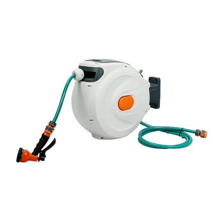 Qiuikloi Retractable Hose Reel Wall Mounted Garden Hose Reel 1/2inch 98ft Heavy Duty Automatic Rewind 180° Swivel Water Hose Reel