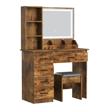 Qiuikloi Vanity Makeup Desk with Mirror Light, Vanity Desk with Storage Shelves, 5 Drawers, Stool Vanity Table with Chair, Bedroom Dressing Table
