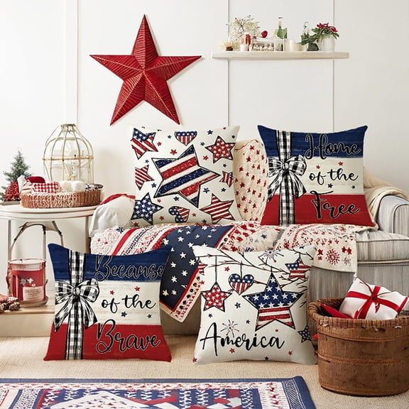 Qiulaii 18x18 Inch Independence Day Star Flag High Definition Printed Pillow Cover, Linen Throw Pillowcase for Sofa Bedroom Home Decor,C