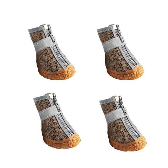 Qiulaii 4 Pack Summer Soft Bottom Non-Slip Pet Shoes with Breathable Fabric, Adjustable Dog Boots for Paw Protection Outdoor Walking,Coffee