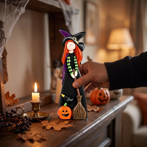 Qiulaii Cute Wooden Witch Cutout Figurine Halloween Tabletop Decor Pumpkin Ghost Spider Print Freestanding Ornament Mantel Window Sill Fall Home Decoration, (A)