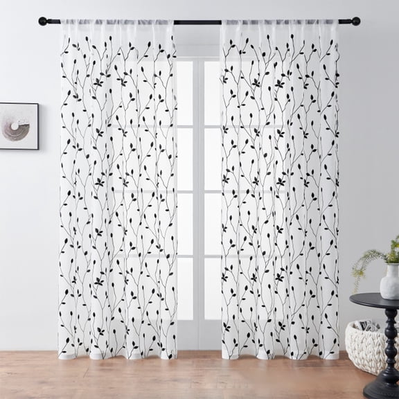 Qiulaii Double Room Bedroom Leaf Embroidered Curtains 54x63in, Translucent Sheer Window Panel for Living Room, Light Filtering Vintage Lace Drape(Black)