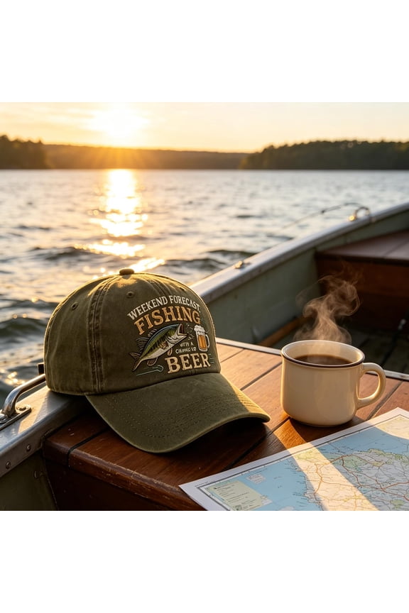 Funny Fishing Hat for Men Weekend Fishing with Chance of Beer, Vintage Baseball Cap with Fish and Mug Embroidery, Outdoor Angler Gift(Green)