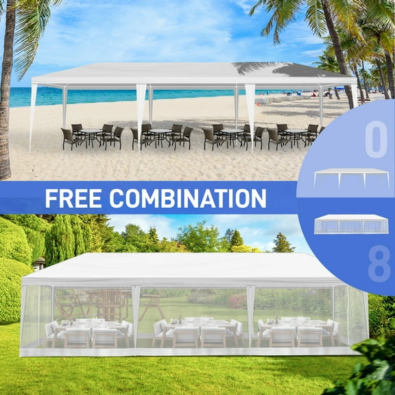 Qiushi 10x30FT Large Party Tent with Mesh Walls - Waterproof PE Canopy, Sun Shade Shelter for Outdoor Events, Camping, BBQ, Wedding, Market Stall - Heavy-Duty Steel Frame, Easy Setup