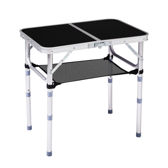 Qiushi 2ft Portable Folding Camping Table, Adjustable Height Aluminum Picnic Table, 3-Level Lightweight Foldable Side Table with Carry Handle & Storage Shelf for Outdoor, Camping, BBQ, Beach, Black