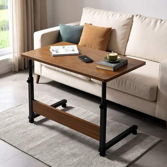 Qiushi 31.5inch Mobile Side Table, Adjustable Sofa Tray Tables Portable Desk with Wheels for Home School , C-shaped Removable Study Over Bed Laptop Desk for Living Room Bedroom (Brown)