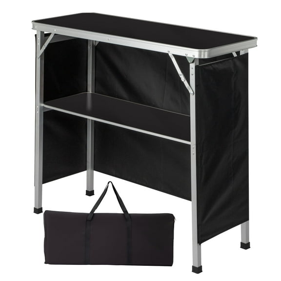 Qiushi 40in Portable Folding Bar Table with Shelf & Black Skirt - Lightweight Aluminum Alloy Podium Table with Carrying Bag for Trade Shows Parties Exhibitions, 111lbs Capacity - Indoor/Outdoor Black