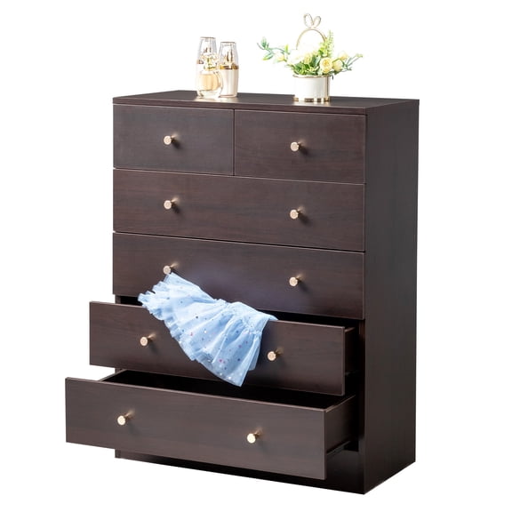 Qiushi 6-Drawer Dresser, 5-layer Modern Simple Chest of Drawers with 6 Storage Drawers, Brown Bedroom Dresser for Closet Organization, Sturdy Particle Board Dresser for Living Room & Bedroom
