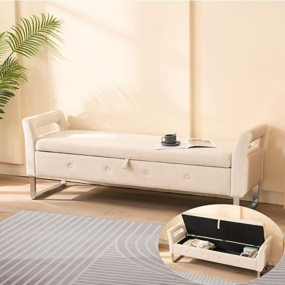 Qiushi 68" Wide Upholstered Storage Bench with Armrests, Velvet Soft Padded Ottoman for Living Room, Entryway, Bedroom Foot of Bed, Large Hidden Storage Compartment, Beige