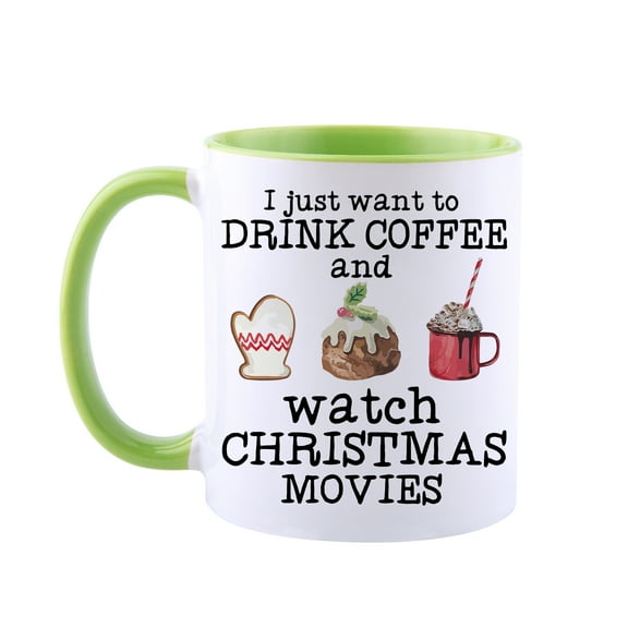 Qiushi I Just Want to Drink Coffee and Watch Christmas Movies-Christmas Coffee Mugs,Funny Tea Cup for Women, Men Green