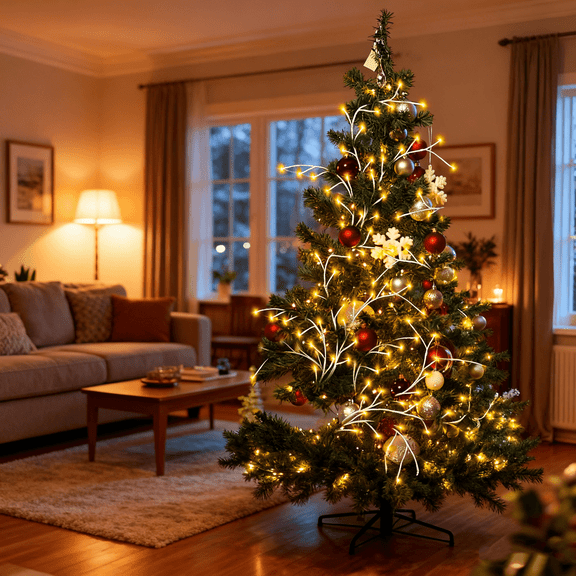 Qiushi LED Birch Garland Lights with Remote & Timer - 7.87ft 144 Warm White LED String Lights, 8 Modes, IP45 Waterproof, Flexible Branches for Indoor Outdoor Christmas Decor Home Garden Wedding Party