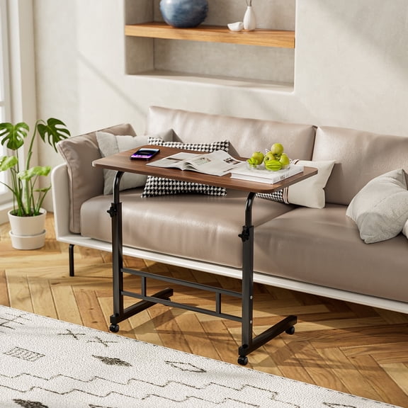 Qiushi Mobile Standing Desk with Wheels, Adjustable Height Rolling Laptop Table, C-Shape Portable Side Table Computer Workstation & TV Tray for Sofa, Bed, Home Office, 31.5" x 15.8" (Brown)