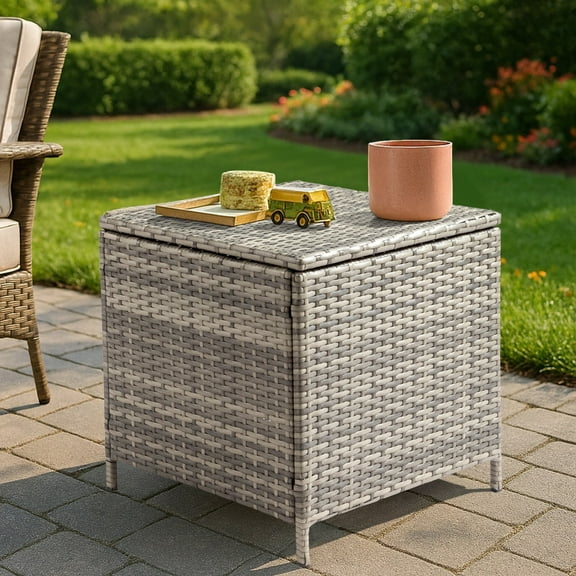 Qiushi Outdoor Wicker Side Table for Poolside Balcony, Rattan Coffee Table with Storage, 27 Gallon Patio Deck Small Storage Box for Cushion Towel Books, Grey Square Side Table with lid