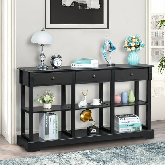 Qiushi Retro Console Table Sofa Table, 58" Buffet Cabinet with 3 Drawers & Open Shelf, Black Entryway Storage Sideboard for Living Room, Hallway & Kitchen