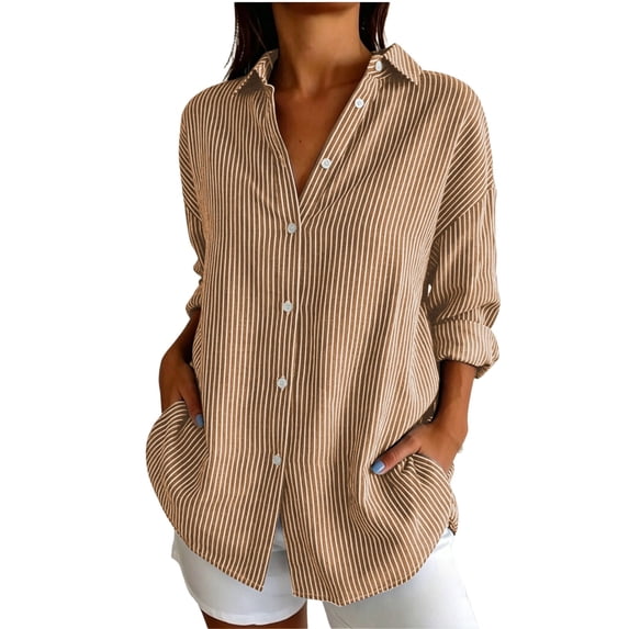 Qivvo Oversized Striped Button down Shirts for Women Classic Long Sleeve Collared Blouses Office Work Tops Outfit(Khaki,Large)