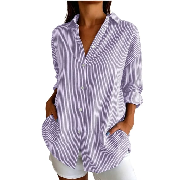 Qivvo Oversized Striped Button down Shirts for Women Classic Long Sleeve Collared Blouses Office Work Tops Outfit(Purple,Medium)