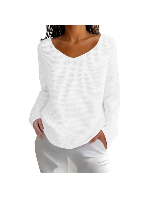 Women's Knit Tunic Tops for Leggings Long Sleeve V Neck Pullover Sweater Curved Hem Shirts Trendy Clothes(White,X-Large)