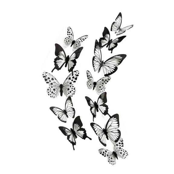 Qiweii 12 Piece PVC Glossy Simulation Butterfly Stickers,Black and White Realistic Wall Decor for Living Room