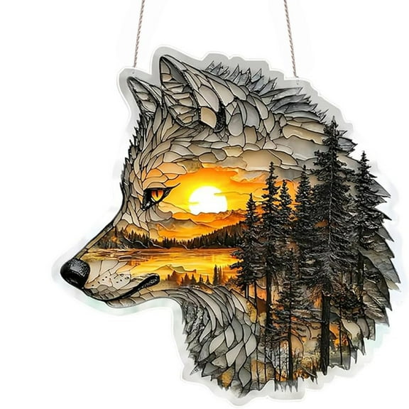 Qiweii 2D Colorful Wolf King Acrylic Ornament - Handmade Hanging Wall and Window Decor with Light Catcher Effect, Unique 3D Illusion Art for Home, Gothic Room