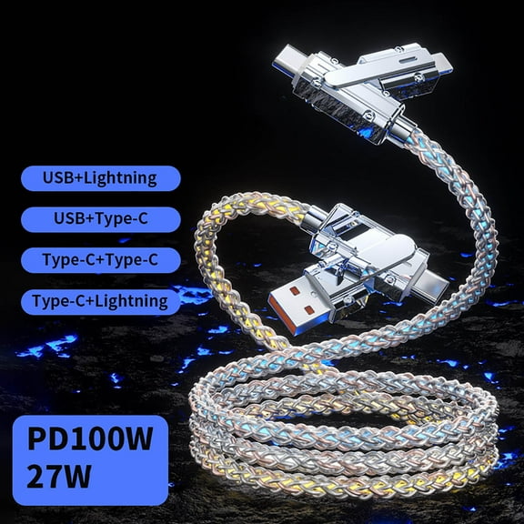 Qiweii 4in1 Multi Connectors Charger Cable USB A/USB Type C to Type C PD 100W Fast Charging Cord Lighted Up LED Current Flowing Compatible with Almost All Cell Phones