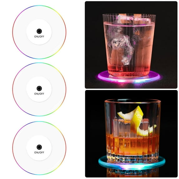 Qiweii 6PCS Acrylic Crystal LED Luminous Bar Cocktail Colorful Decorative Coasters