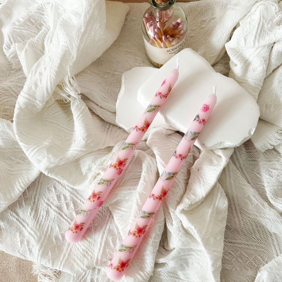 Qiweii 9.84 Inches Rose Printed Cone Shaped Long Stem Candle,Festive Candle for Home Wedding and Party Decor