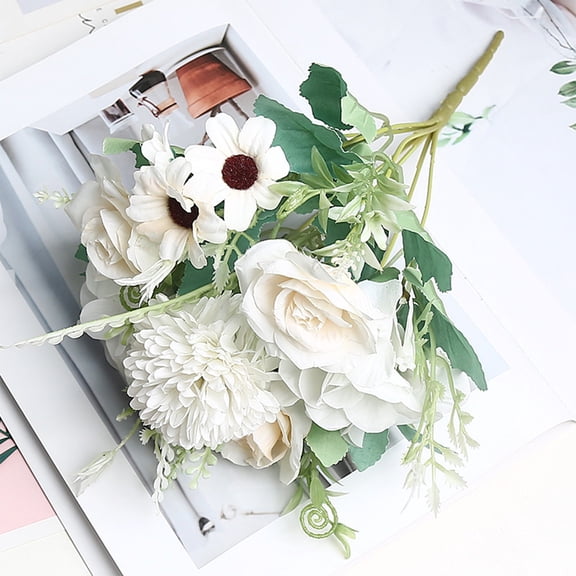 Qiweii Artificial Rose and Pom Pom Daisy Bouquet,7 Branch European Style Floral Arrangement for Wedding Home and Garden Decor