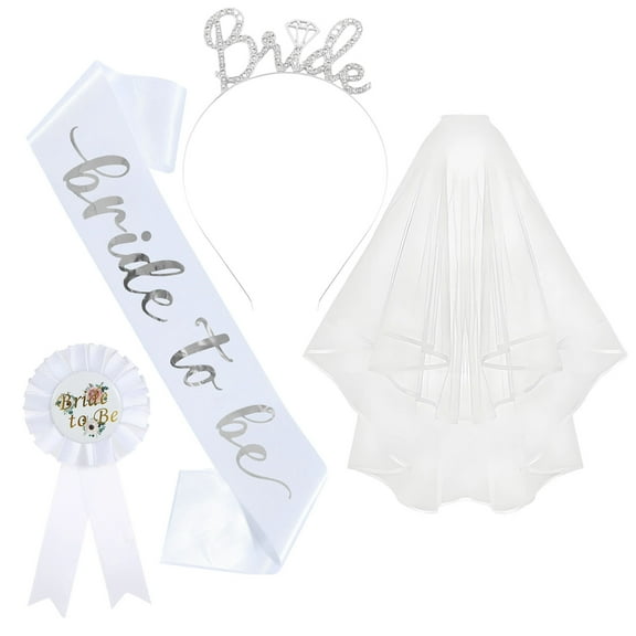 Qiweii Bachelorette Party 4 Piece Set,Bride Headband Sash Veil Badge Kit,Bridal Shower Celebration Accessory Set