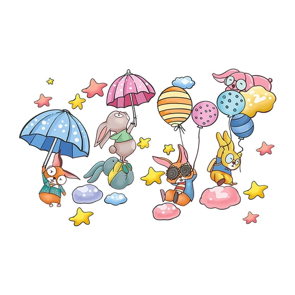 Qiweii Cartoon Watercolor Rabbit Cloud Umbrella Wall Sticker, Kids Room Kindergarten Decal, Home Nursery Playroom Decor