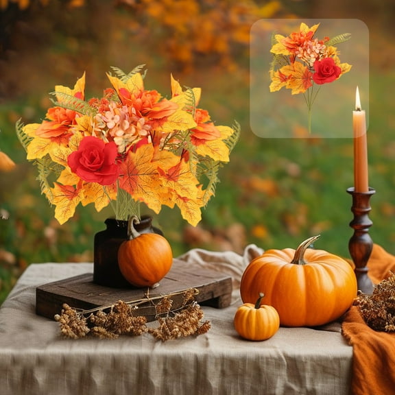 Qiweii Fall Flowers Silk Flowers Bouquet with Fake Mums Pumpkin Sunflowers Fall Floral Arrangement Orange Faux Flowers for Home Party Autumn Thanksgiving Grave Vase Decoration