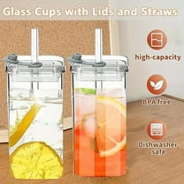 Qiweii Glass Cups with Lids and Straws, Iced Coffee Cup, Glass Tumbler, 12 oz/350 ml Clear Square Drinking Glasses for Coffee Bar (Clear)