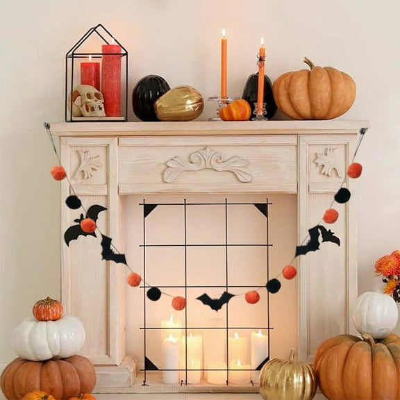 Qiweii Halloween Felt Garland Ghost Bat Felt Bunting Banner Pumpkin Pompom Ball Bunting Flag Black Orange White Ball Garland Halloween Hanging Banner for Party Fireplace Home Wall Decor