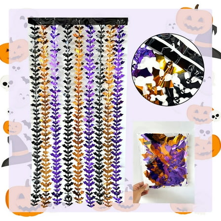 Qiweii Halloween Party Decorations, Orange Purple Black Spider Metallic Foil Fringe Curtains, Props Streamers Backdrop for Halloween Party Supplies Haunted House Decor
