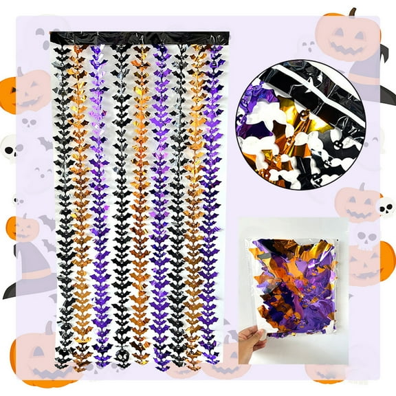 Qiweii Halloween Party Decorations, Orange Purple Black Spider Metallic Foil Fringe Curtains, Props Streamers Backdrop for Halloween Party Supplies Haunted House Decor